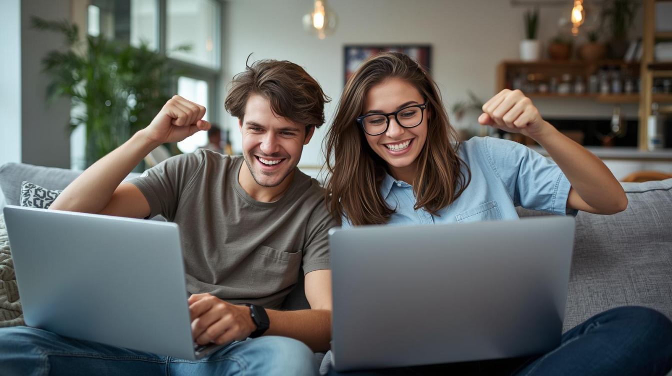 Two friends celebrating while betting online using phone and laptop in bright room.