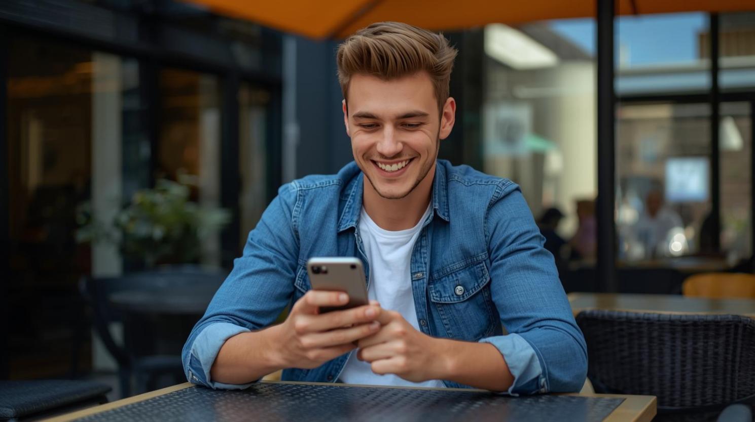 Young man places an online bet on smartphone at urban café terrace.