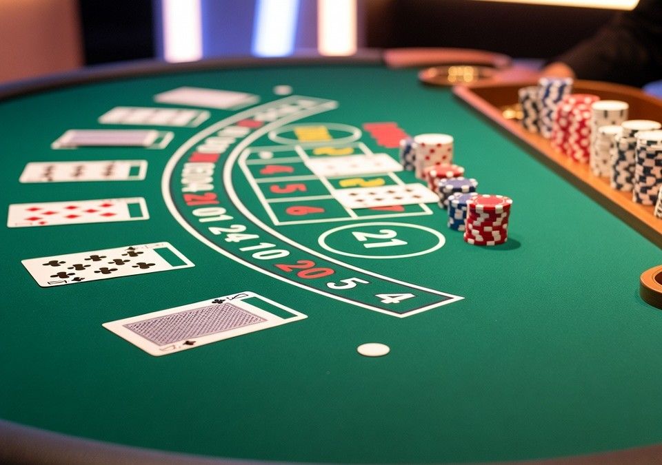 live dealer table with cards, chips, and studio lighting
