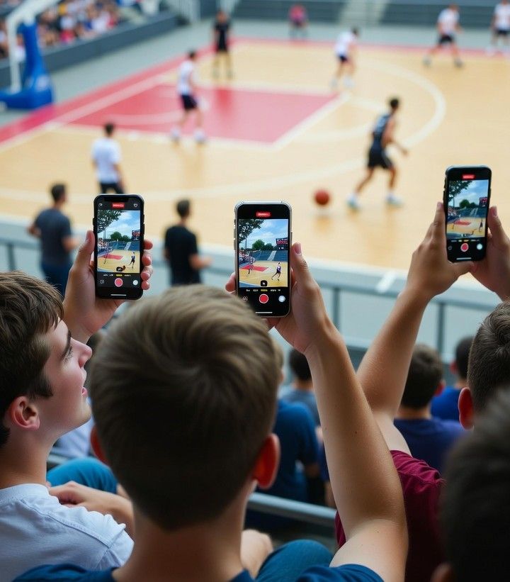 Young fans streaming a basketball game on mobile phones