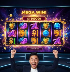 Exciting online casino slot game interface with colorful spinning reels, vibrant graphics, and a joyful player celebrating a win, set on a sleek digital screen with theme reels in motion.