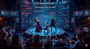 A modern interactive theatre stage with performers in dramatic poses, audience members using mobile devices to place bets on story outcomes, live odds displayed on large digital screens, and vibrant lighting enhancing the immersive experience.