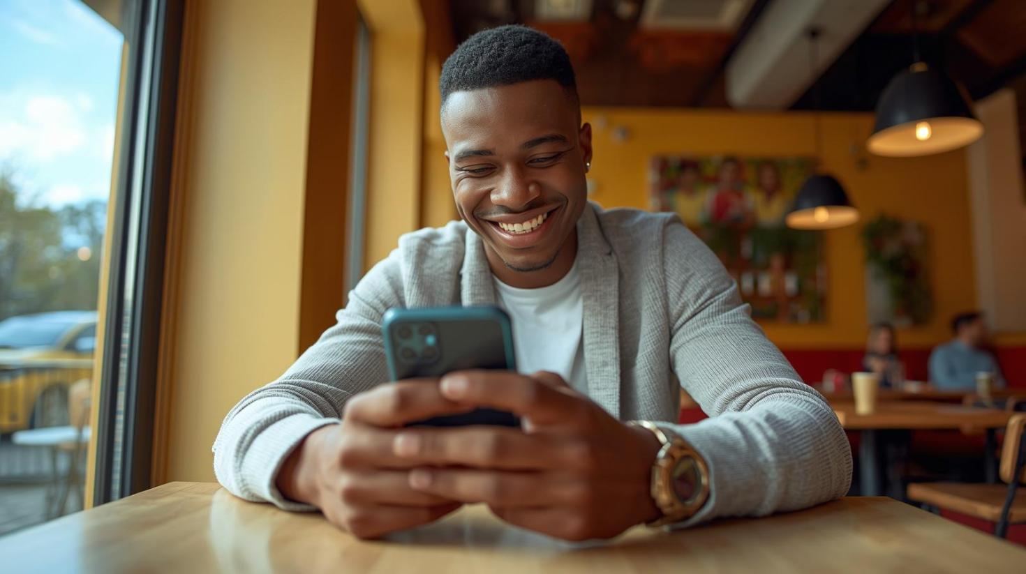 Young man smiling while enjoying a mobile gambling game indoors.