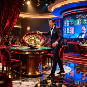 A luxurious live casino studio with bright stage lights, a charismatic host spinning a roulette wheel, audience screens, vibrant colors, cinematic atmosphere, high-end entertainment vibe