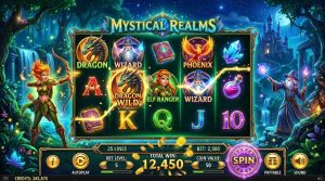 A fantasy-themed slot game interface with animated characters, glowing reels, cinematic storytelling elements, vibrant magical environment, immersive digital casino setting
