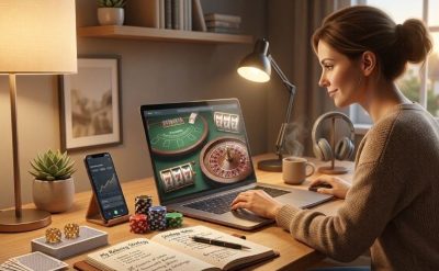 an adult enjoying an online casino session at home in a comfortable and organized workspace