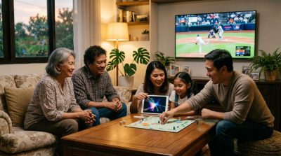 Older adults and younger adults enjoying a relaxed digital entertainment setting with a tablet, board games, sports viewing, and conversation
